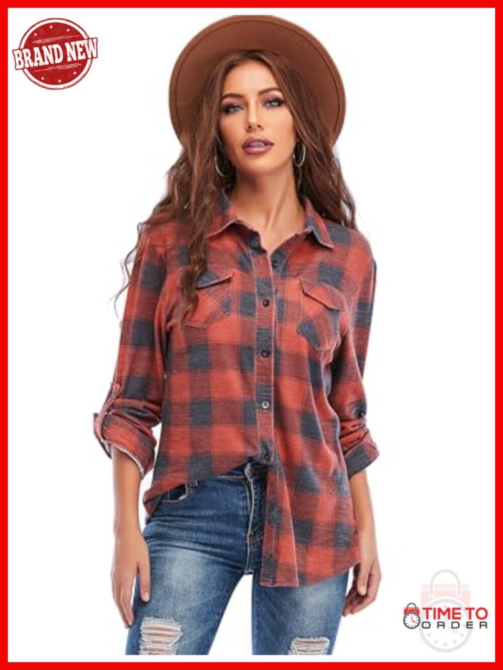 Casual Cuffed Long Sleeve Boyfriend Button Down Flannel Shirt